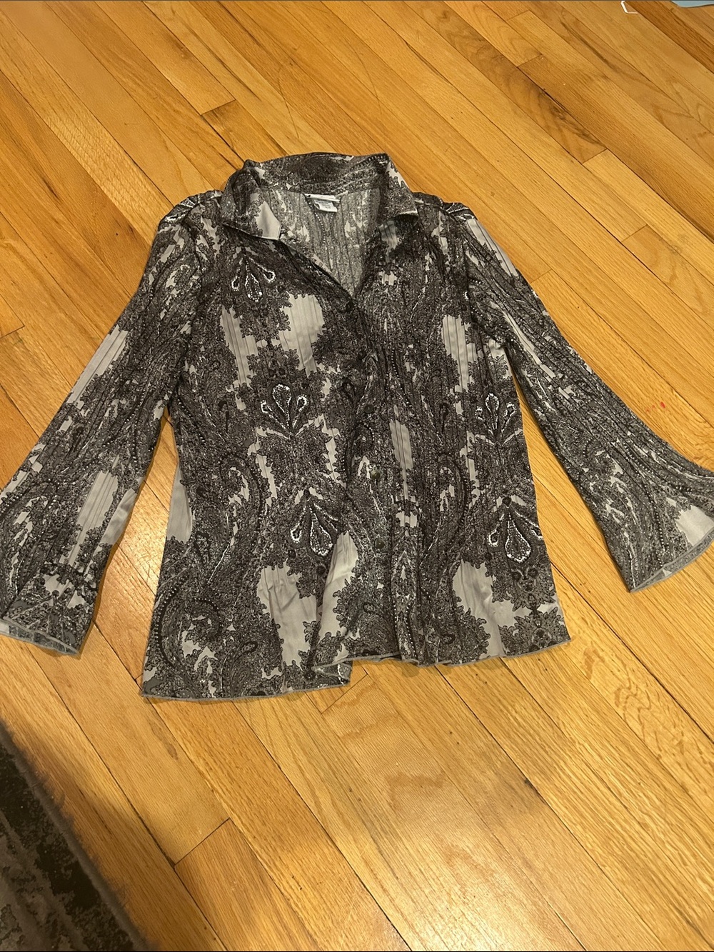 Gray and Black Paisley Button-Up Blouse
